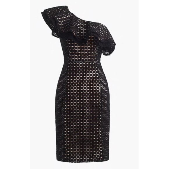 J.Crew Collection One Shoulder Mini Dress Womens Black 12 Eyelet Lace Ruffle - Picture 2 of 16